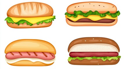 Four delicious sandwich illustrations featuring various fillings and toppings on fresh bread