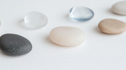 A collection of smooth stones in various colors and shapes arranged on a light surface.