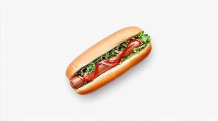 Delicious hot dog with fresh lettuce and ketchup on a clean white background