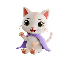 3D Cartoon Cat Sitting and Waving in a Purple Cape