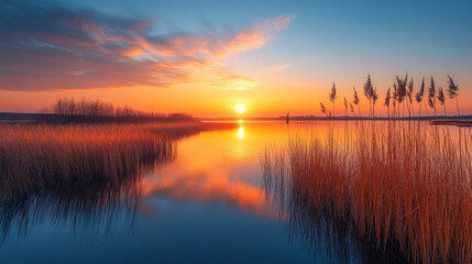 Fototapeta premium Marshes with golden reeds reflected in the calm water under a glowing sunrise