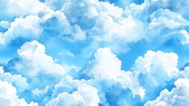 Sky blue and clouds aquarelle paint paper hand drawn watercolor seamless texture map pattern background