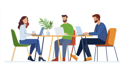 Collaborative workspace with three people working on laptops, focused and engaged. plant adds touch of nature to modern setting