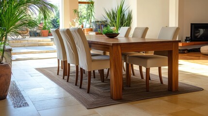 Fototapeta premium Inviting dining room with cushioned chairs and ample space for privacy