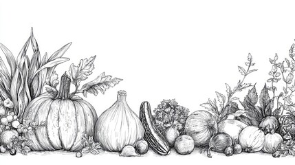 Detailed illustration of various vegetables and herbs arranged artistically on a white background