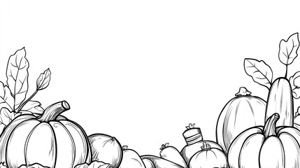 Hand-drawn illustration of various pumpkins and gourds, set against a blank background for seasonal decor
