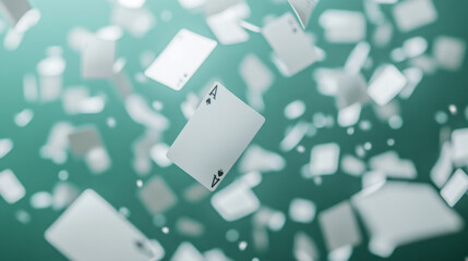 Obraz premium 3d mockup of blank playing cards for poker and board games. Flying and falling empty white paper pages, casino or gift cards isolated on green background, vector realistic set