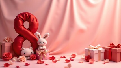 Fototapeta premium Elegant red number eight with soft rabbit and decorative elements in a romantic setting. March 8, Women's Day
