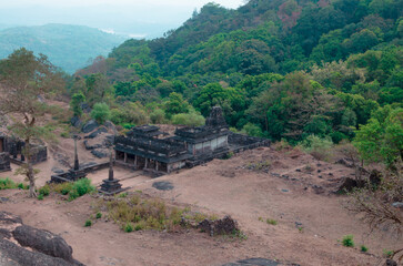An aerial view of ancient ruins of Kavaledurga Fort, Shimoga, Karnataka, India
