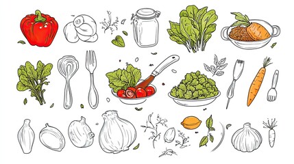 Colorful hand-drawn vegetables, kitchen utensils, and ingredients arranged artistically for culinary use