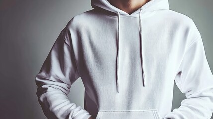 Young person wearing a white hoodie, hands in pockets, against a neutral background