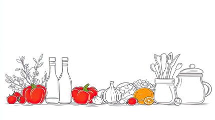 Colorful assortment of fresh vegetables and kitchenware arranged on a white background
