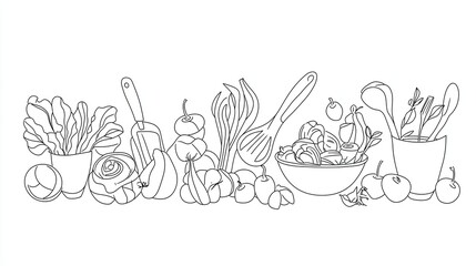 Line art illustration of various vegetables and kitchen utensils arranged on a countertop