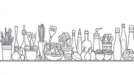 A detailed illustration of kitchen ingredients and utensils arranged on a countertop with plants