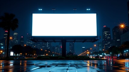 Blank billboard stands alone on a city street at night with moving traffic and illuminated buildings in the background