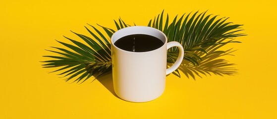 A white mug filled with coffee on a vibrant yellow background, surrounded by palm leaves.