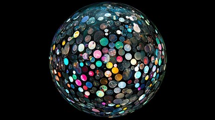 Colorful spherical composition of various circular patterns against a black background