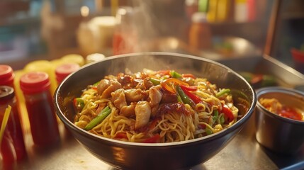 A dynamic shot of a street food vendor serving a bowl of delicious stir-fried noodles with vegetables and chicken, surrounded by an array of sauces and condiments.