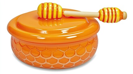Brightly colored honey jar with a honey dipper, showcasing a vibrant design and texture