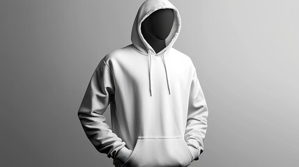 A minimalist display of a white hoodie on a mannequin against a neutral background