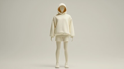 Minimalist fashion display featuring a mannequin in a white hoodie and shorts against a plain backdrop