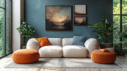 Modern Living Room Interior with Teal Walls and Landscape Artwork