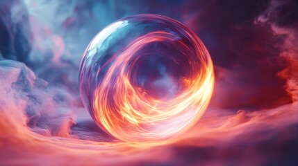 A glowing orb of fire is surrounded by a cloud of smoke. The smoke is purple and orange, and the orb is a deep blue color. The image has a dreamy, surreal quality to it