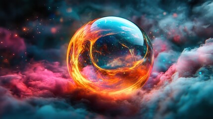 Abstract transparent glass cosmic orb with fluid intertwining lines on a cosmic mist background, 3D rendering illustration