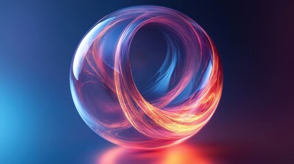 A large, glowing, colorful sphere with a blue background. The sphere is surrounded by a bright orange glow, giving it a sense of movement and energy. The blue background adds a sense of depth