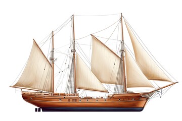 Obraz premium Vintage wooden sailing ship illustration, white background, calm sea