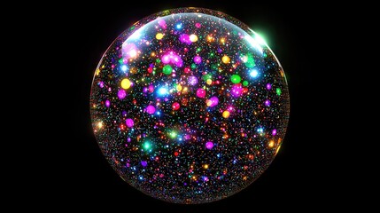 Colorful spherical bubble filled with vibrant stars and light reflections against a dark background