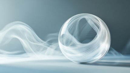 Abstract transparent glass globe with thin refracted lines on a shifting vapor-like background, 3D rendering illustration of futuristic abstract shape