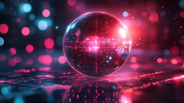 Abstract transparent glass crystal sphere with neon-threaded lines on a prismatic light-filled background, 3D rendering illustration - Powered by Adobe