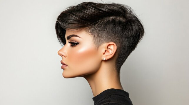 A high-quality image of a woman with a trendy pixie cut, showcasing a bold and edgy look with well-defined layers and a stylish finish.