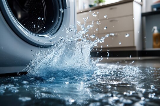 Water splashing from washing machine. Illustrates appliance malfunction, water damage. - Powered by Adobe