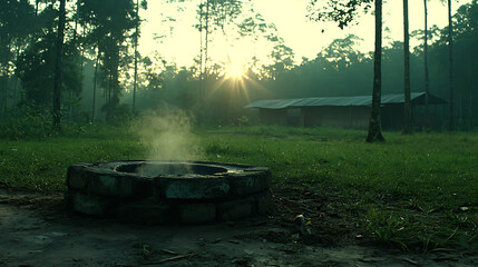 Early Morning Smoke from a Makeshift Brick Fire Pit in Rural Landscape at Sunrise in the Forest