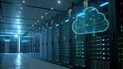 AI-powered big data cloud infrastructure with holographic data blocks, digital security nodes, and real-time analytics in a futuristic cyber-tech environment