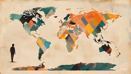 Vintage world map with colorful geometric pattern and figure