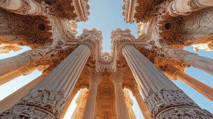 Majestic view of ornate columns reaching towards the sky at a historical site during sunset