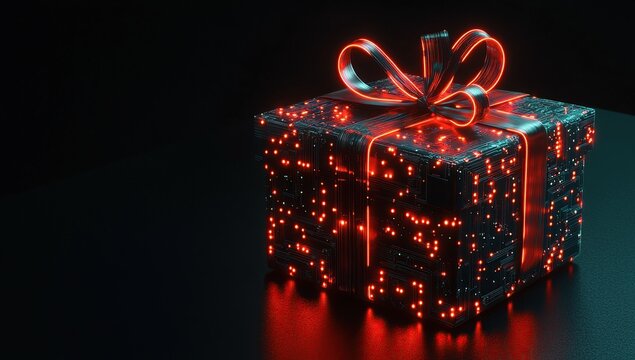 Digital Gift Box with Neon Bow: Unveiling Technological Wonder