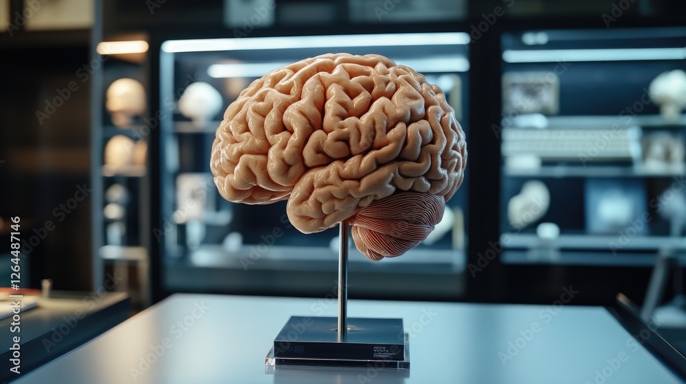 Poster a high-quality shot of a d printed brain model with realistic texture and detail, positioned on a st