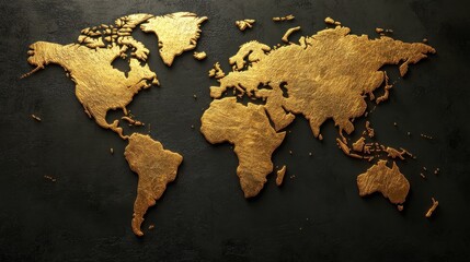 Golden World Map on Dark Background with Visible Texture