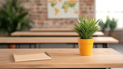 A bright, modern workspace featuring a potted plant, notebook, and pen on a wooden table