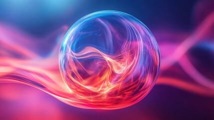 Abstract transparent glass bubble with layered flowing lines on a dynamic background, 3D rendering illustration of futuristic abstract shape with holographic element.