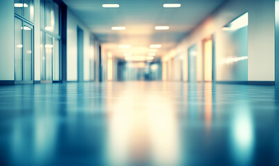 Obraz premium Abstract image of a modern, bright hallway with sleek flooring and glass doors, creating a sense of depth and spaciousness. Ideal for corporate, healthcare, or architectural concepts.