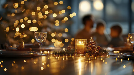 Fototapeta premium cozy Christmas table setting with candles, glasses, and festive decorations, creating warm atmosphere for family gatherings