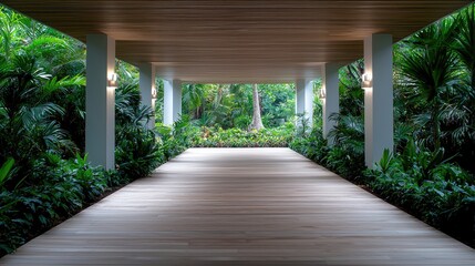 Lush tropical walkway under a wooden pergola.  Possible use Stock photo for travel brochures, or real estate marketing