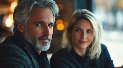 Portrait of mature business man and casual businesswoman sitting in cafe and discussing sales graph. Group of two middle aged coworkers working comparing forecasting graphics. Happy businesspeople.