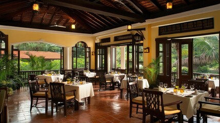 Fototapeta premium Modern, airy restaurant interior with cozy seating and ample space for guests to enjoy long meals