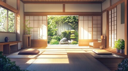 Fototapeta premium A high-resolution photo of the interior of a Japanese house, showcasing tatami mats, low wooden furniture, and a minimalist aesthetic with sliding doors and natural light.